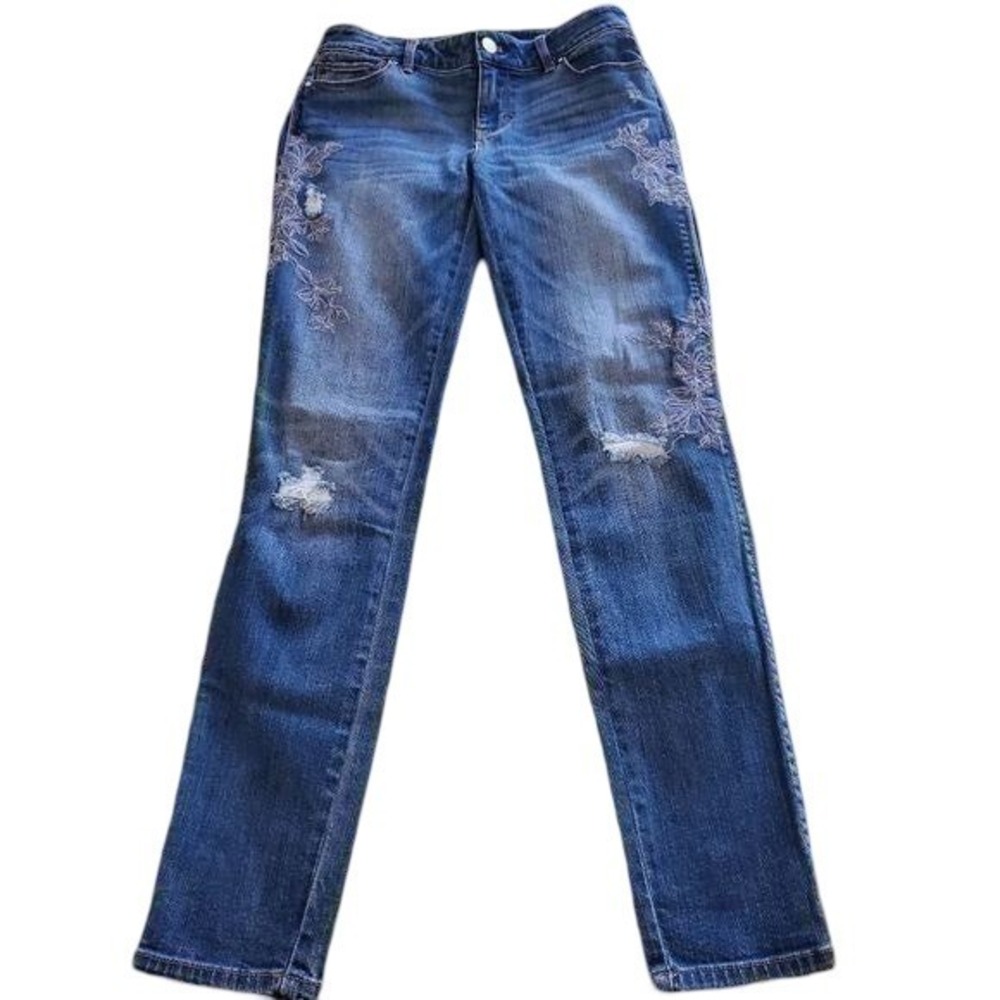 White House‎ Black Market Skinny Jeans Blue Embroidered Lace Distressed Size 2